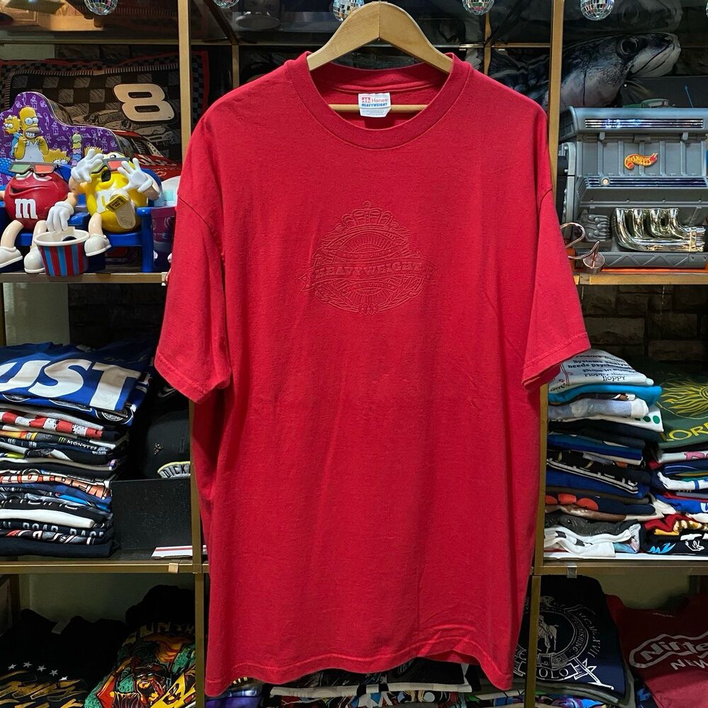 Vintage 90s Hanes Heavyweight T Shirt XL Red Embossed Raised Crest Promo Blank